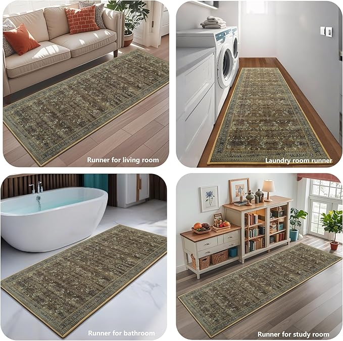 2x6 Washable Kitchen Runner Rug for Hallways, Non Slip Laundry Runners for Bathroom, Low Pile Rubber Backed Rugs for Entryway, Vintage Floral Carpet for Living Room Bedroom Brown/Yellow-CubbioJoy