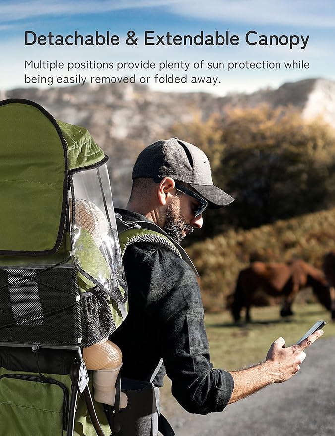 besrey Baby Backpack Carrier, Toddler Hiking Backpack with Safety 3-Height Seat, Adjustable Straps&Waist Belt, Foldable Frame Lightweight Large Capacity Child Carrier for Hiking (Army Green)-CubbioJoy