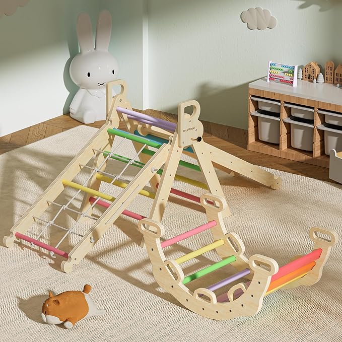 BlueWood 2024 8-in-1 Pikler Triangle Climbing Set Toddler Toys Indoor Baby Jungle Gym Climber Playground for Kids - Rainbow-CubbioJoy