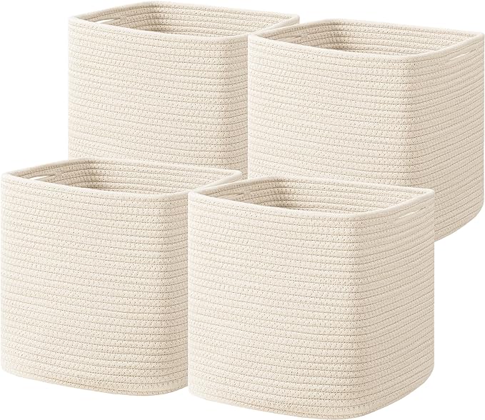 joybest Cube Storage Bins Set of 4, 13inch Cube Baskets Organizer for Nursery, Square Cotton Rope Baskets for Shelves Organizing, Kids Toy, Closet Storage, Beige-CubbioJoy