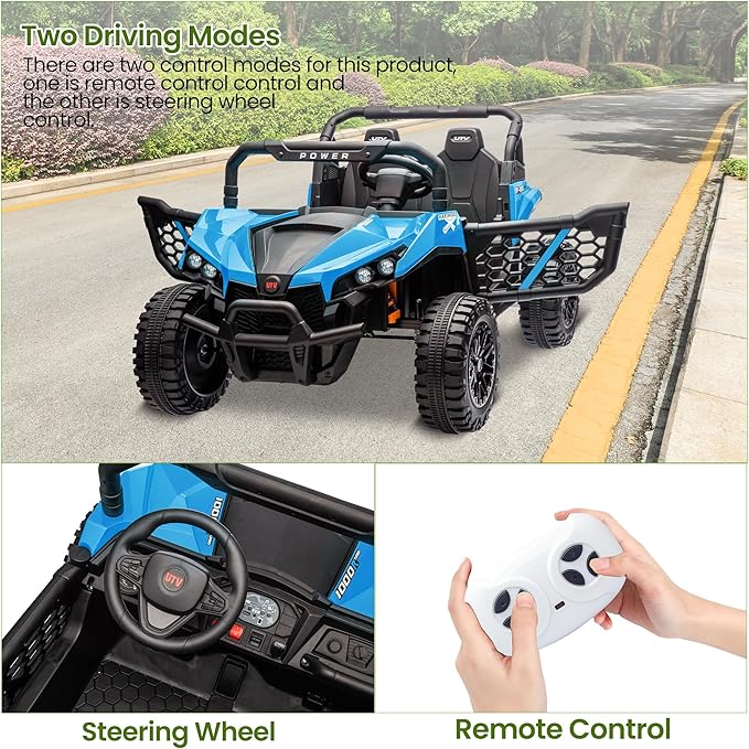 24V 2 Seater Ride On Car Truck, Power Wheels Kids UTV w/Parent Remote Control, 3.1 MPH Max Speed, Music Player, LED Lights & Storage, Electric Vehicle Ride On Toy for Kids Toddler Ages 3-8, Blue-CubbioJoy