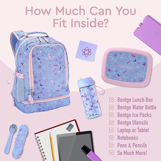 Bentgo Kids 2-in-1 Backpack & Insulated Lunch Bag - Durable 16” Backpack & Lunch Container in Unique Prints for School & Travel - Water Resistant, Padded & Large Compartments (Lavender Galaxy)-CubbioJoy
