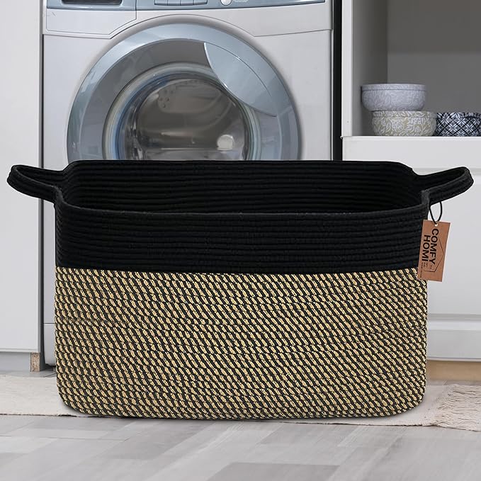 COMFY-HOMI Large Rectangular Blanket, Cotton Rope Woven for Storage, LaundryHamper, Storage,Toy Organizing Bin with Handle, Organizer and Storage-22x15x12-Black/Jute-CubbioJoy