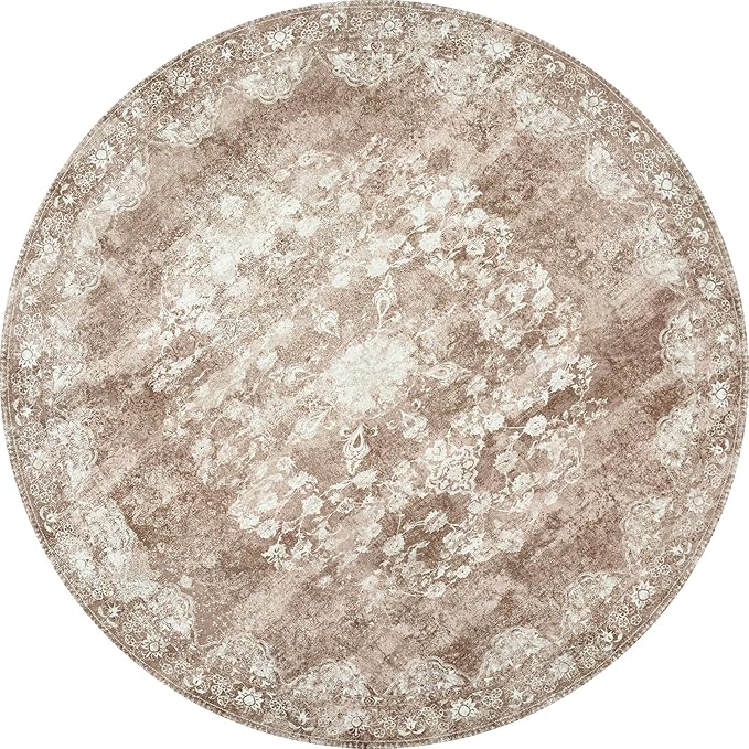 jinchan Round Rug 4ft Area Rug - Brown Vintage Floor Mat Kitchen Indoor - Washable Circle 4' Thin Floral Print Carpet Retro Farmhouse Non Slip Dining Room Living Room Bedroom Office-CubbioJoy