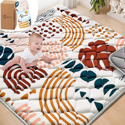 Baby Play Mats for Floor, 43x43 Playpen Mat for Babies, Extra Thicker & Soft Floor Crawling Mat, Foldable Non-Slip Playmat Cushioned for Infants Toddlers, Boho Leaf Design-CubbioJoy