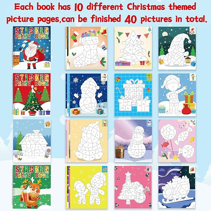 90shine 4PCS Christmas Crafts for Kids Ages 4-8 Sticker Paint Books - Includes Santa Clause Snowman Elf Gnome and More Designs Gift Party Create 40 Pictures-CubbioJoy