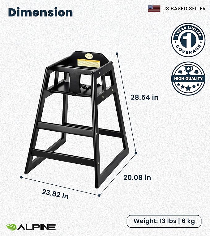 Alpine Wooden High Chairs for Babies and Toddlers with Safety Strap, Commercial Grade Restaurant High Chair, Durable Wood Space Saver Baby Feeding Chair, Ideal for Dining Spaces (2 Pack, Black)-CubbioJoy