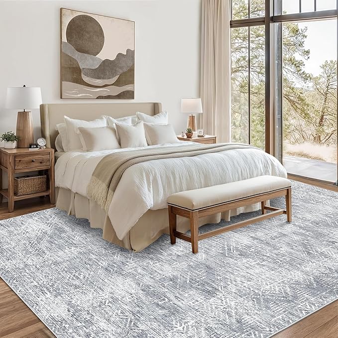 COZYLOOM Large Area Rug 8x10 Machine Washable Area Rugs for Living Room Modern Abstract Mats Non Slip Geometric Accent Carpet Stain Resistant Foldable Mats for Dining Room, Nursery, Grey-CubbioJoy