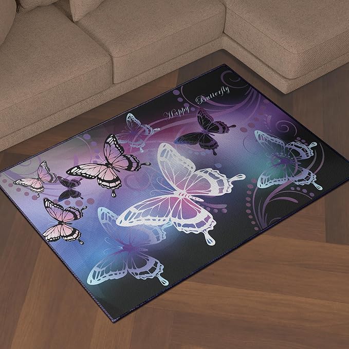 Beautiful Butterfly Fantasy Rug for Playroom Girls Bedroom Colorful Rainbow Butterfly Decor Area Carpet 59"x39" Purple Mat 3D Printed Non-Slip Washable-CubbioJoy