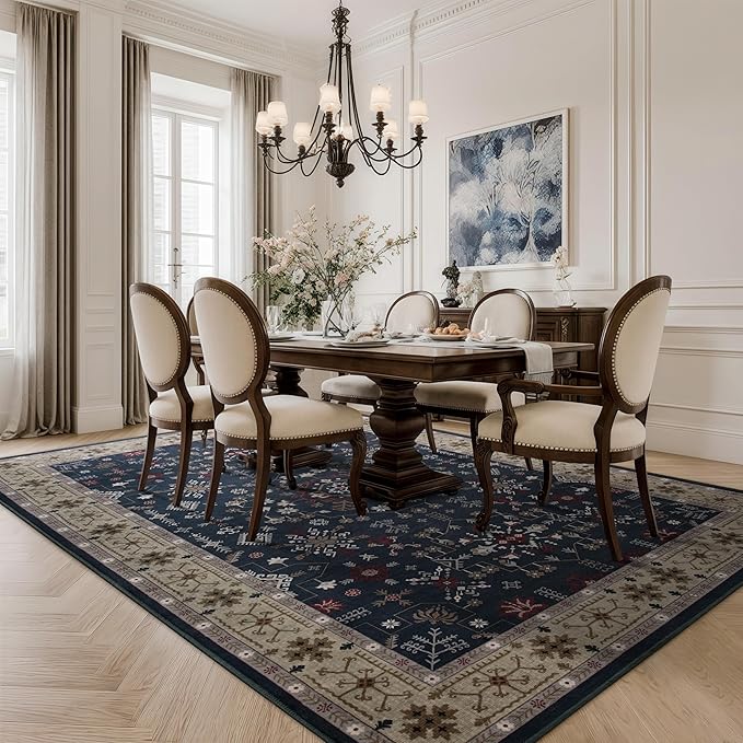 6x9 Washable Blue Area Rug for Living Room Bedroom, Boho Dining Room Rugs for Under Table, Large Low Pile Non-Slip Vintage Print Carpets for Farmhouse, Office, Dorm-CubbioJoy