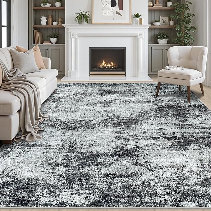 Area Rug 9x12 Washable Rugs: Abstract Large Living Room Rugs with Non-Slip Backing, Stain Resistant Indoor Floor Carpet for Bedroom Dining Room Table Nursery Hallway Home Office Dark Black/Gray-CubbioJoy