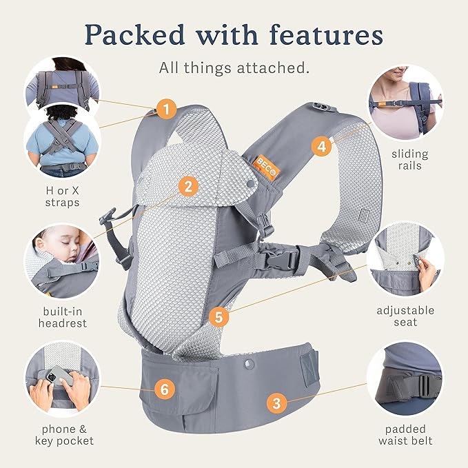 Beco Gemini Baby Carrier from Newborn to Toddler - Certified Ergonomic Newborn Baby Carrier for Infants and Children of 7-35 lbs - M Shape, Adjustable Seat, Breathable 3D Mesh (Cool Grey Geometric)-CubbioJoy