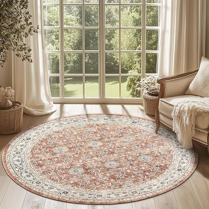 jinchan Round Rug 6ft Washable Circle Soft Rug - Low Pile Vintage 6'Round Indoor Orange Floral Print Stain Resistant Boho Carpet Ultra-Thin Non-Slip for Living Room Nursery Bedroom Dining Room Kitchen-CubbioJoy