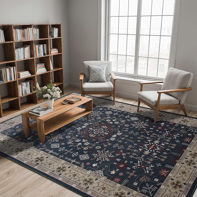 6x9 Washable Blue Area Rug for Living Room Bedroom, Boho Dining Room Rugs for Under Table, Large Low Pile Non-Slip Vintage Print Carpets for Farmhouse, Office, Dorm-CubbioJoy