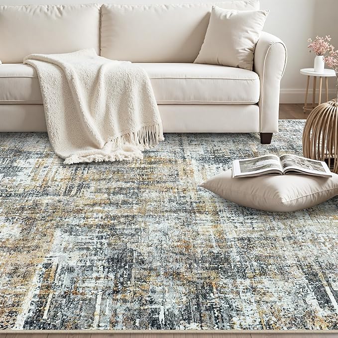 Area Rug 9x12 Washable Rugs: Abstract Large Living Room Rugs with Non-Slip Backing, Stain Resistant Indoor Floor Carpet for Bedroom Dining Room Table Nursery Hallway Home Office Brown/Gray-CubbioJoy