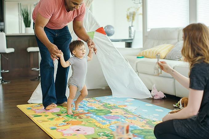Baby Care Play Mat (Large, Playful - Pinko & Friend) 82'' x 55'' Original One-Piece Reversible Rollable Waterproof Play Mat for Infants, Babies, Toddler, and Kids-CubbioJoy