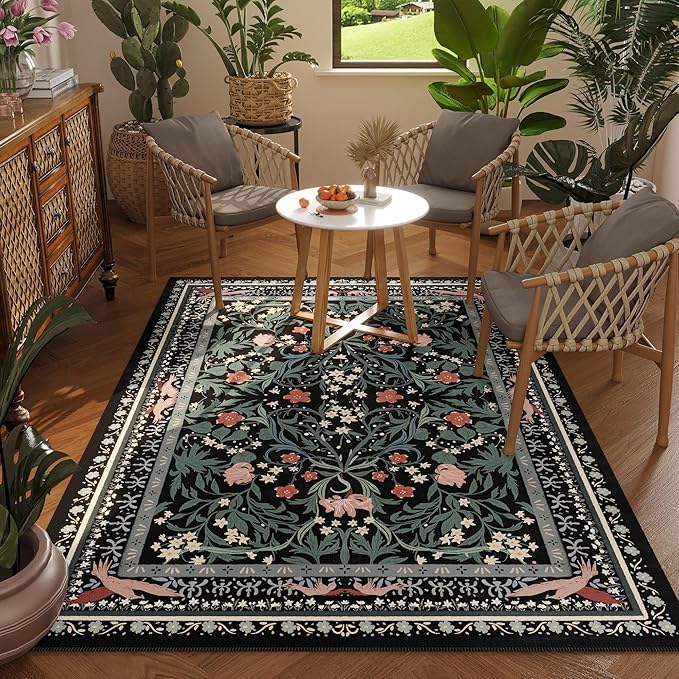 Area Rug 4x6 Rug Washable Vintage Floral Botanical Rugs Non Slip Low Pile Small Carpet for Bedroom, Bedside, Kids Room, Office, Dining Room, Black-CubbioJoy