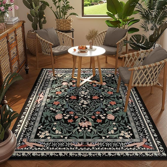 Area Rug 4x6 Rug Washable Vintage Floral Botanical Rugs Non Slip Low Pile Small Carpet for Bedroom, Bedside, Kids Room, Office, Dining Room, Black-CubbioJoy