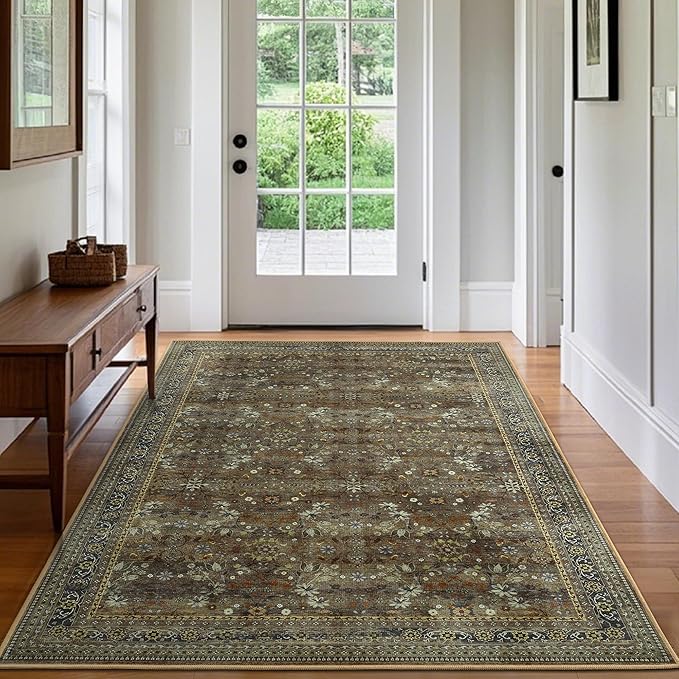 5x7 Machine Washable Area Rug for Living Room Dining Room, Vintage Floral Kitchen Rugs Non Slip, Traditional Indoor Floor Carpet for Bedroom, Farmhouse, Office Classroom Brown/Yellow-CubbioJoy