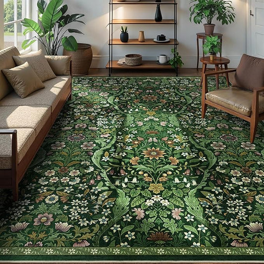 8x10 Washable Area Rug for Living Room, Large Vintage Dark Green Floral Rugs, Soft Non-Slip Stain Resistant Boho Lightweight Carpet for Bedroom Dining Room Nursery Home Office-CubbioJoy