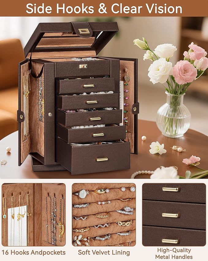AKOZLIN 360° Rotating Jewelry Box 6-Tier Organizer Functional 360° Rotating Jewelry Storage Case for Women Girls Ring Necklace Earring Bracelet Holder with Mirror Brown-CubbioJoy