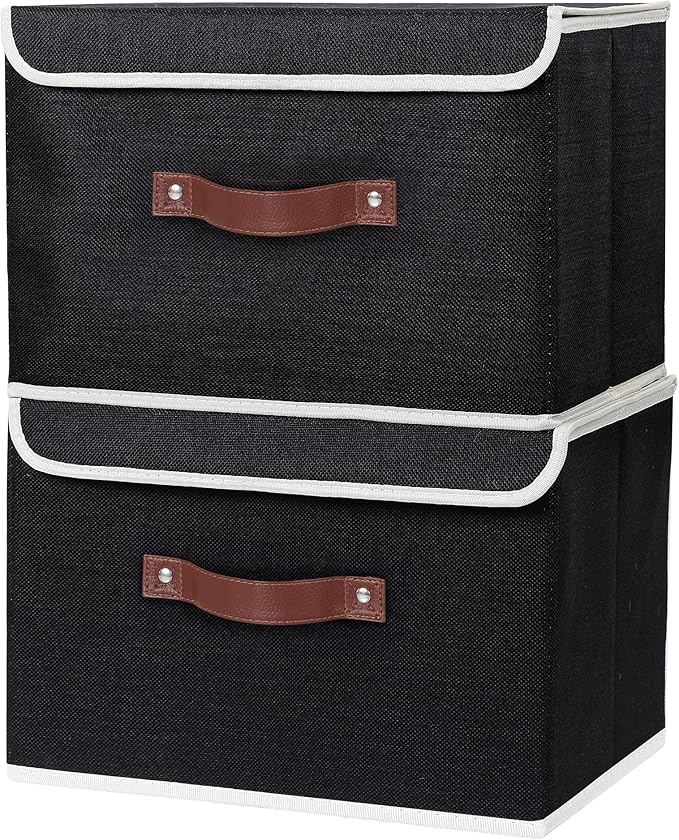 ANMINY 4PCS Storage Bins with Lid PU Leather Handles Storage Boxes PP Plastic Board Decorative Foldable Lidded Cotton Linen Fabric Home Cubes Baskets Closet Organizer Containers - Black, Large Size-CubbioJoy