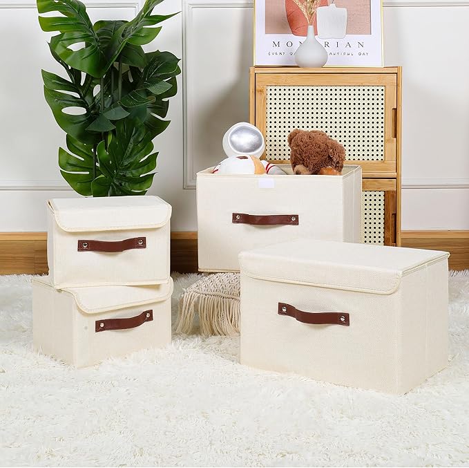 ANMINY Storage Bin with Lid Storage Boxes with PU Leather Handles PP Plastic Board Decorative Foldable Lidded Cotton Linen Fabric Home Cubes Baskets Closet Organizer Container - Beige, Large Size-CubbioJoy