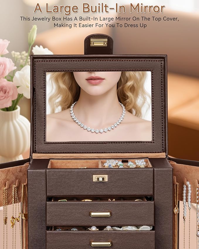 AKOZLIN 360° Rotating Jewelry Box 6-Tier Organizer Functional 360° Rotating Jewelry Storage Case for Women Girls Ring Necklace Earring Bracelet Holder with Mirror Brown-CubbioJoy