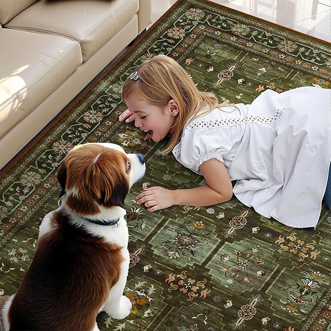 5x7 Washable Area Rug for Living Room Dining Room, Distressed Non Slip Vintage Floral Rugs for Bedroom, Traditional Indoor Floor Carpet for Dining Kitchen Farmhouse Dark Green-CubbioJoy