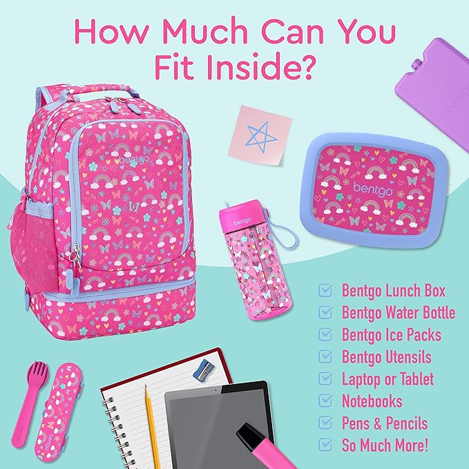 Bentgo Kids 2-in-1 Backpack & Insulated Lunch Bag - Durable 16” Backpack & Lunch Container in Unique Prints for School & Travel - Water Resistant, Padded & Large Compartments (Rainbows & Butterflies)-CubbioJoy