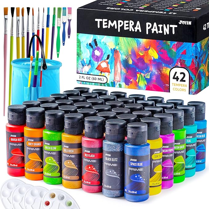 JOYIN Washable Tempera Paint Set for Kids 42PCS, Non Toxic Liquid Paint with 15 Brushes and 4 Palettes - Art Supply for Kids for Arts and Crafts Project, Finger Painting (2 oz Each)-CubbioJoy
