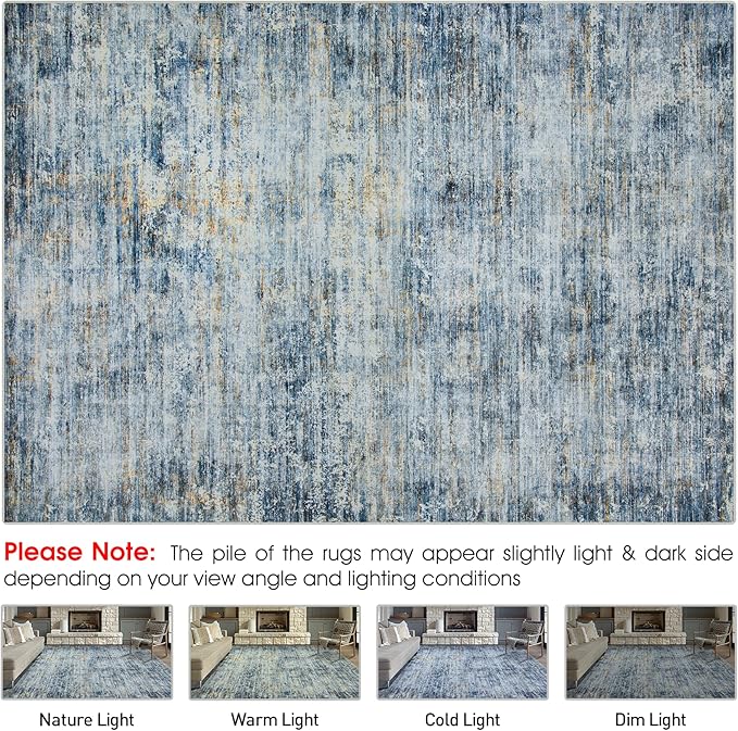 Area Rug 5x7 Living Room Rugs: Abstract Large Washable Rugs with Non-Slip Backing, Thin Carpet for Dining Room Table Bedroom Nursery Indoor Home Office-Blue/Brown-CubbioJoy