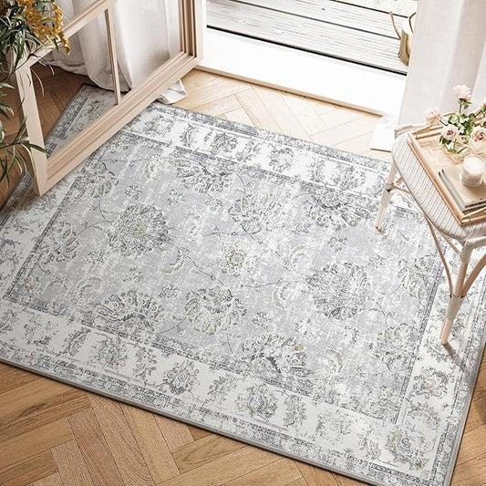 jinchan Floral 2x3 Rugs for Entryway - Vintage Washable Small Non-Slip Distressed Indoor Doormat Ultra-Thin Low-Pile Accent Rug for Entrance Kitchen Bedroom Bathroom (2x3ft,Grey)-CubbioJoy