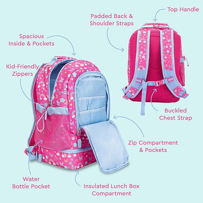 Bentgo Kids 2-in-1 Backpack & Insulated Lunch Bag - Durable 16” Backpack & Lunch Container in Unique Prints for School & Travel - Water Resistant, Padded & Large Compartments (Rainbows & Butterflies)-CubbioJoy