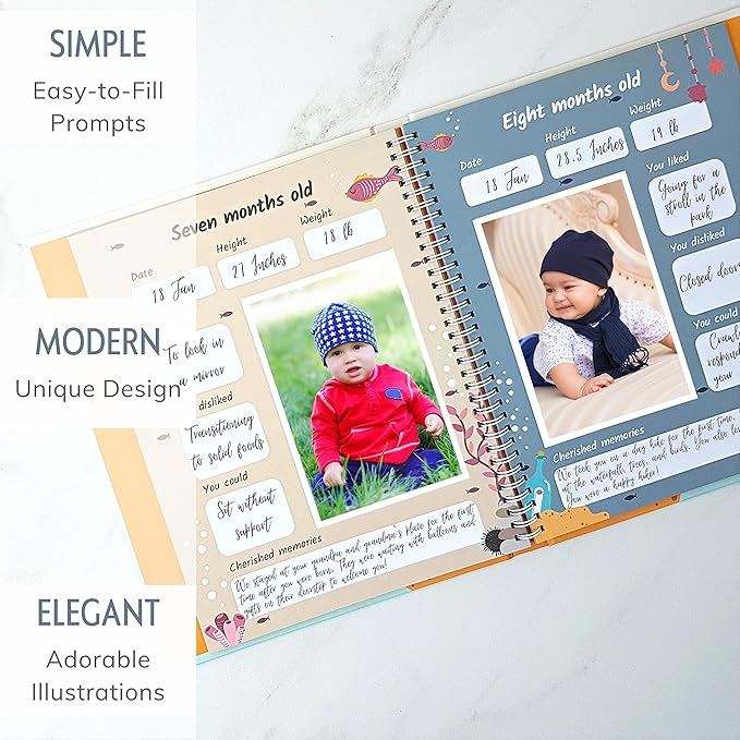 Baby Memory Book for Girl or Boy - First Year Unisex Ocean Keepsake to Log Newborn 1st Milestone - Gender Neutral Sea Photo Album Dairy - Nautical Themed Stuff Journal - Elegant New Parents Baby Gifts-CubbioJoy