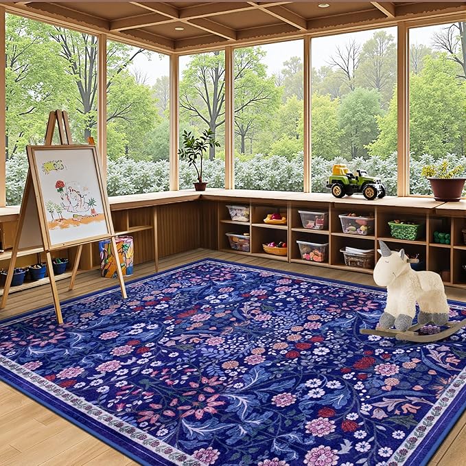 6x9 Area Rugs for Living Room: Floral Washable Rug Vintage Large Soft Boho Non-Slip Carpet Indoor Floor Stain Resistant Thin Carpets for Bedroom Dining Room Farmhouse Nursery Hallway Home Office Blue-CubbioJoy