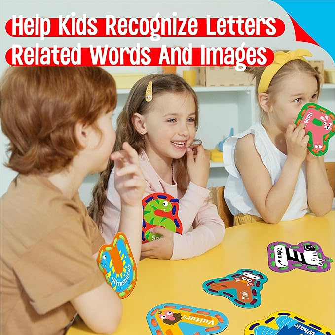 26PCS Kids Lacing Cards, 26 Double Sided Uppercase Sewing Cards with 26 Colorful Laces, Imagination Development Lacing Toys Games for Children Educational and Learning Activity-CubbioJoy