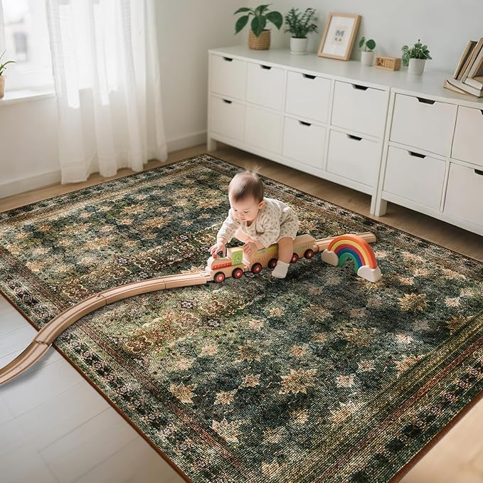 6x9 Washable Area Rug Non Slip, Thin Vintage Floral Living Room Rug Low Pile, Indoor Large Distressed Print Carpet for Bedroom, Dining Room, Farmhouse, Home Office, Dorm(Dark Green/Brown/Multi)-CubbioJoy