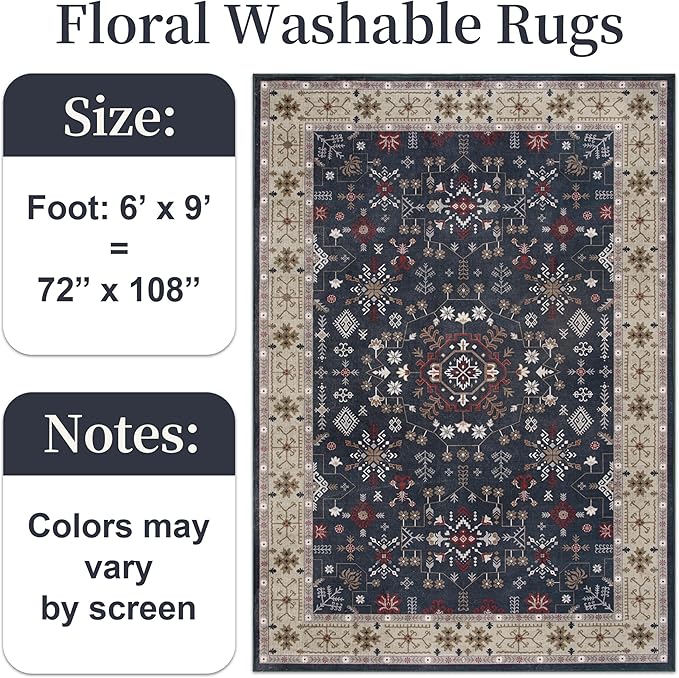6x9 Washable Blue Area Rug for Living Room Bedroom, Boho Dining Room Rugs for Under Table, Large Low Pile Non-Slip Vintage Print Carpets for Farmhouse, Office, Dorm-CubbioJoy