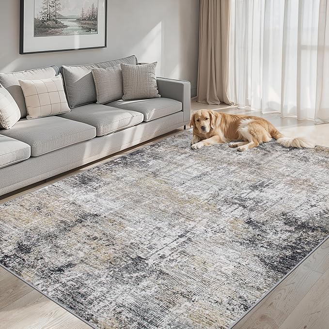 Area Rugs 10x14 Living Room - Washable Rug Modern Abstract Soft Large Neutral Non-Slip Carpet Indoor Floor Thin Carpets for Bedroom Dining Room Farmhouse Nursery Home Office Brown Black Grey-CubbioJoy