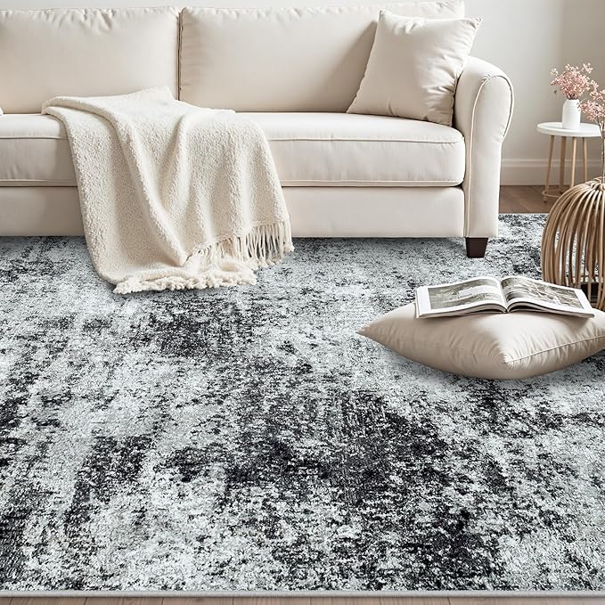 Area Rugs 8x10 Living Room Rugs: Modern Abstract Washable Rug with Non-Slip Backing, Stain Resistant Indoor Floor Large Carpet for Bedroom Dining Room Table Nursery Hallway Home Office Dark Black/Gray-CubbioJoy