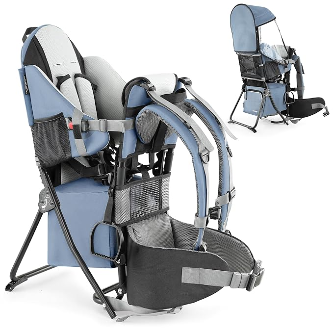 besrey Baby Backpack Carrier, Toddler Hiking Backpack with Safety 3-Height Seat, Adjustable Straps&Waist Belt, Foldable Frame Lightweight Large Capacity Child Carrier for Hiking (Haze Blue)-CubbioJoy