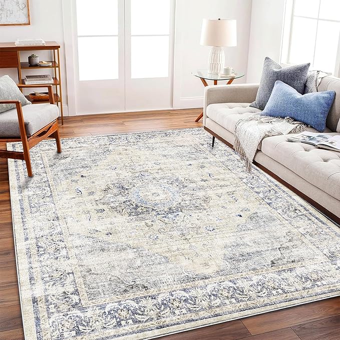 Area Rug 5'x7' Washable Rug Floral Blue Vintage Traditional Floor Cover Thin Retro Kitchen Indoor Distressed Non Slip Carpet for Living Room Bedroom Dining Room-CubbioJoy
