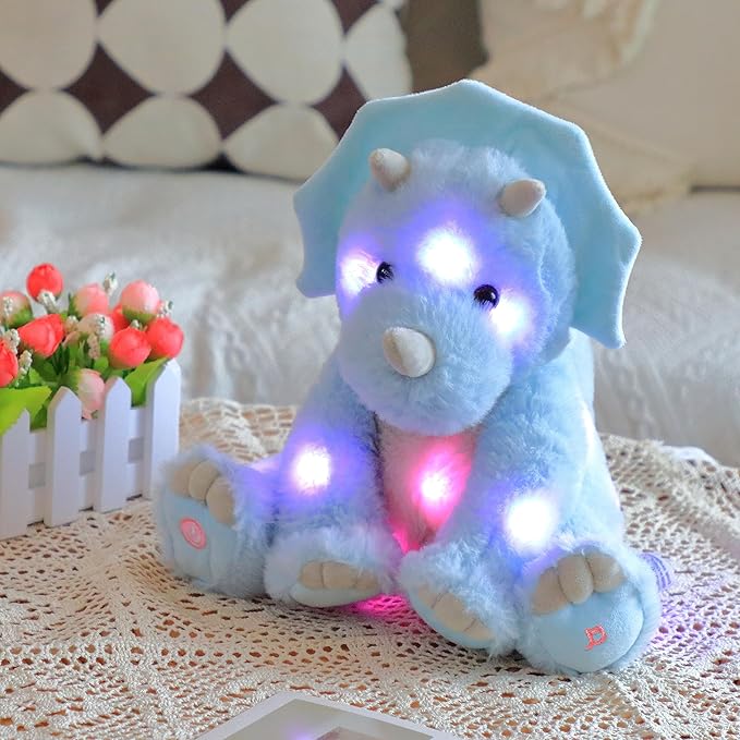Cuteoy Light-up Singing Plush Blue Triceratops LED Musical Stuffed Animal Dinosaur Adjustable Volume Lullaby Plushies Birthday Christmas Toy Gifts for Kids Toddler Girls, 13"-CubbioJoy