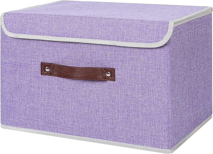 ANMINY Storage Bin with Lid Storage Boxes with PU Leather Handles PP Plastic Board Decorative Foldable Lidded Cotton Linen Fabric Home Cubes Baskets Closet Organizer Container - Purple, Large Size-CubbioJoy