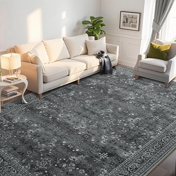 5x7 Machine Washable Area Rug for Living Room Bedroom, Vintage Kitchen Rugs Non Slip, Traditional Indoor Floor Floral Print Carpet for Dining Room, Farmhouse, Office Classroom Black/Gray-CubbioJoy