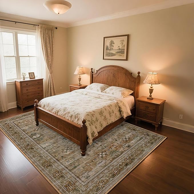 8x10 Washable Area Rug for Living Room, Non Slip Vintage Floral Print Rugs No Shedding, Distressed Thin Retro Accent Carpet for Bedroom Nursery Farmhouse Dining Room Olive/Charcoal-CubbioJoy