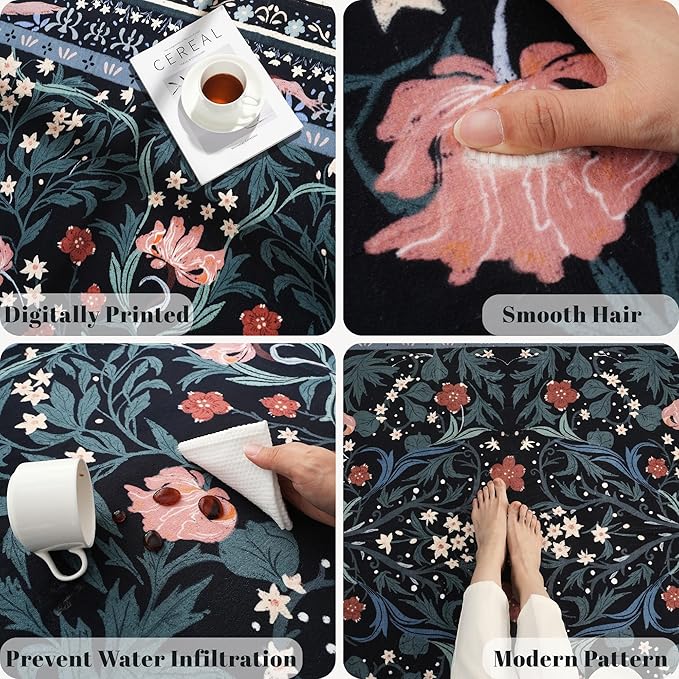 Bedroom Rug 3x5 Rug Washable Area Rug Non Slip Low Pile Vintage Floral Botanical Small Carpet for Bedroom, Bedside, Kitchen, Entryway, Kids Room, Office, Black-CubbioJoy