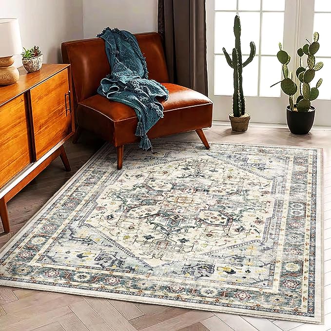 3'x5' Cyan Khaki Vintage Washable Thin Area Rug Traditional Floor Cover Foldable Indoor Distressed Non Slip Carpet Floral Print Mat Bedroom Living Room Bathroom-CubbioJoy