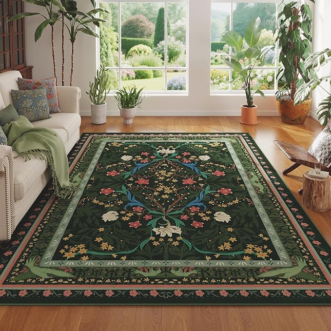 Area Rugs 8x10 for Living Room Clearance Washable Vintage Floral Botanical Rug Non Slip Low Pile Large Rug for Bedroom, Farmhouse, Dining Room, Kids Playroom, Green-CubbioJoy
